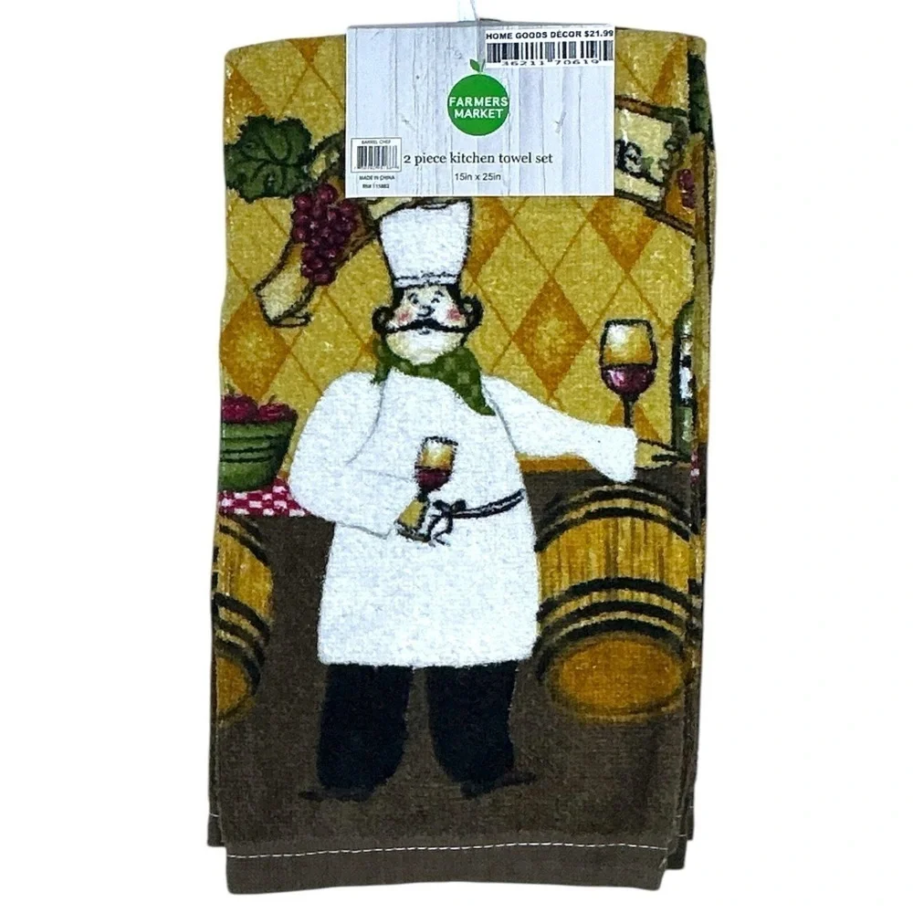 Farmers Market Kitchen Towels Wine Barrel Chef Cotton Velour Terry Set 2 Pieces